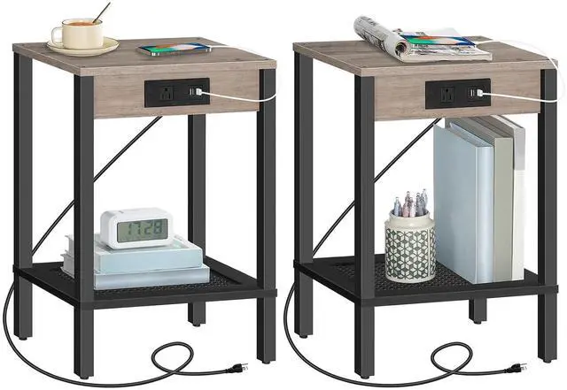 Main image of Side Table with Charging Station, Set of 2 End Table with USB Ports and Outlet, Nightstand with 2-Tier Storage Shelf, Faux Rattan Decoration, for Small Space, Greige and Black BG91UBZP201