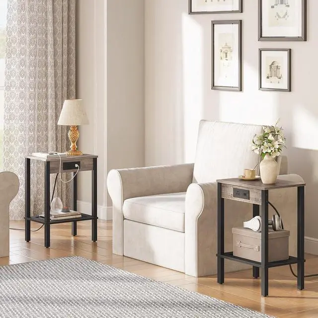 Alt view image 2 of 7 - Side Table with Charging Station, Set of 2 End Table with USB Ports and Outlet, Nightstand with 2-Tier Storage Shelf, Faux Rattan Decoration, for Small Space, Greige and Black BG91UBZP201