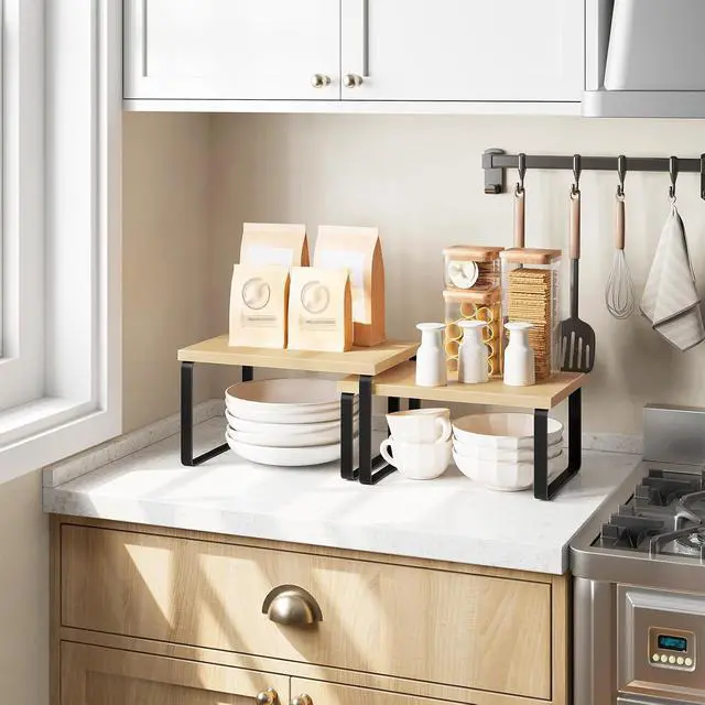 Alt view image 2 of 7 - Cabinet Organizer Shelf, Set of 2, Kitchen Countertop Organizer, Kitchen Countertop Shelf, Spice Rack for Counter, Stackable, Expandable for Cabinet, Kitchen, Natural and Black BN33TL01