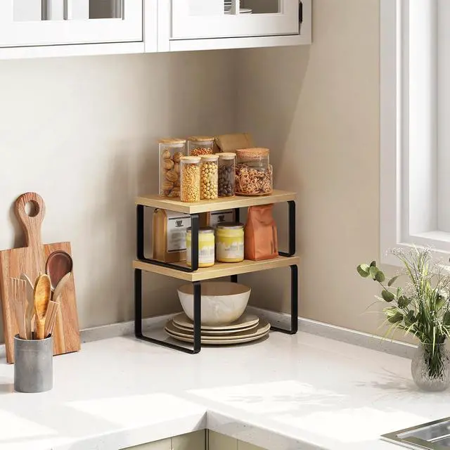 Alt view image 4 of 7 - Cabinet Organizer Shelf, Set of 2, Kitchen Countertop Organizer, Kitchen Countertop Shelf, Spice Rack for Counter, Stackable, Expandable for Cabinet, Kitchen, Natural and Black BN33TL01