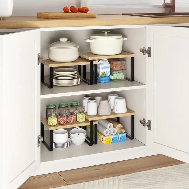 Alt view image 5 of 7 - Cabinet Organizer Shelf, Set of 2, Kitchen Countertop Organizer, Kitchen Countertop Shelf, Spice Rack for Counter, Stackable, Expandable for Cabinet, Kitchen, Natural and Black BN33TL01