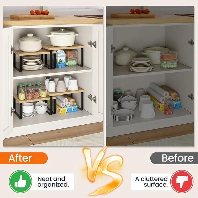 Alt view image 7 of 7 - Cabinet Organizer Shelf, Set of 2, Kitchen Countertop Organizer, Kitchen Countertop Shelf, Spice Rack for Counter, Stackable, Expandable for Cabinet, Kitchen, Natural and Black BN33TL01