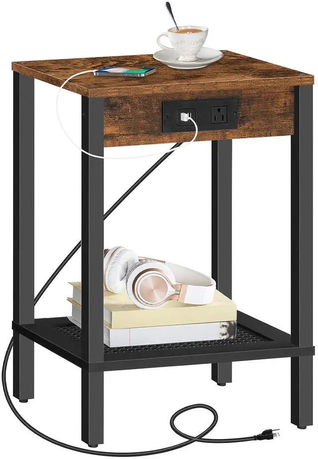 Main image of Side Table with Charging Station, End Table with USB Ports and Outlet, Small Nightstand with 2-Tier Storage Shelf, Faux Rattan Decoration, for Small Space, Rustic Brown and Black BF91UBZ01