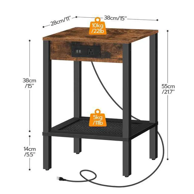 Alt view image 3 of 7 - Side Table with Charging Station, Set of 2 End Table with USB Ports and Outlet, Nightstand with 2-Tier Storage Shelf, Faux Rattan Decoration, for Small Space, Rustic Brown and Black BF91UBZP201