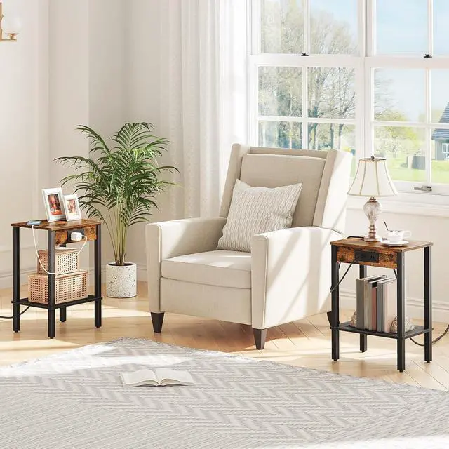 Alt view image 2 of 7 - Side Table with Charging Station, Set of 2 End Table with USB Ports and Outlet, Nightstand with 2-Tier Storage Shelf, Faux Rattan Decoration, for Small Space, Rustic Brown and Black BF91UBZP201
