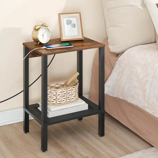 Alt view image 6 of 7 - Side Table with Charging Station, End Table with USB Ports and Outlet, Small Nightstand with 2-Tier Storage Shelf, Faux Rattan Decoration, for Small Space, Rustic Brown and Black BF91UBZ01