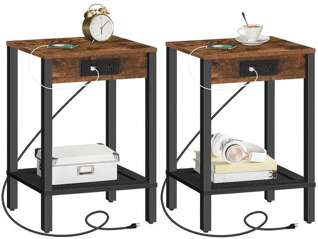 Main image of Side Table with Charging Station, Set of 2 End Table with USB Ports and Outlet, Nightstand with 2-Tier Storage Shelf, Faux Rattan Decoration, for Small Space, Rustic Brown and Black BF91UBZP201
