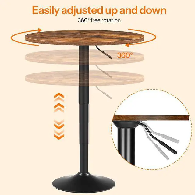 Alt view image 4 of 7 - 2 Pcs Bar Table, Height-Adjustable Round Pub Table 27-35.4 Inches with Sturdy Base, Modern Style, Easy to Assemble, Suitable for Small Space, Rustic Brown and Black BF58BTP201G1