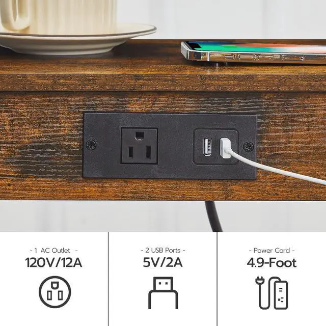 Alt view image 6 of 7 - Side Table with Charging Station, Set of 2 End Table with USB Ports and Outlet, Nightstand with 2-Tier Storage Shelf, Faux Rattan Decoration, for Small Space, Rustic Brown and Black BF91UBZP201