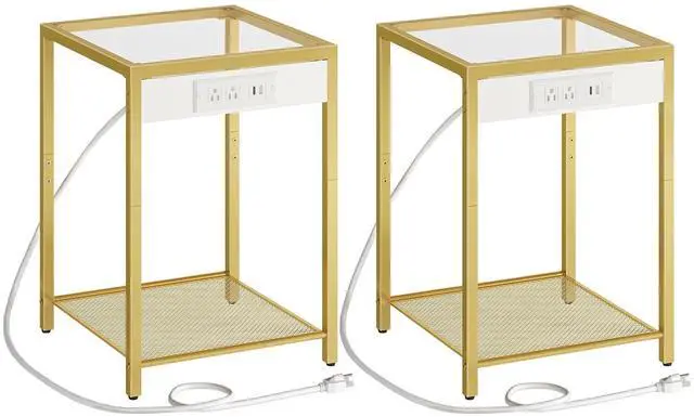 Main image of Side Table with Charging Station, Set of 2 End Tables with USB Port, Nightstand for Tight Spaces, Tempered Glass, Modern Metal Frame, for Office, Bedroom, Living Room, Gold GD76UBZP201