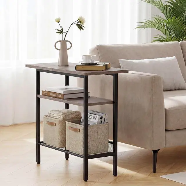Alt view image 2 of 7 - Side Table, Narrow End Table with Shelf, with Wide Storage Tabletop, 3-Tier Bedside Tables for Small Spaces for Living Room, Bedroom, Study, Greige and Black BG366BZ01