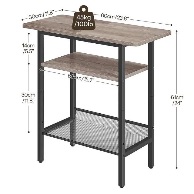 Alt view image 3 of 7 - Side Table, Narrow End Table with Shelf, with Wide Storage Tabletop, 3-Tier Bedside Tables for Small Spaces for Living Room, Bedroom, Study, Greige and Black BG366BZ01