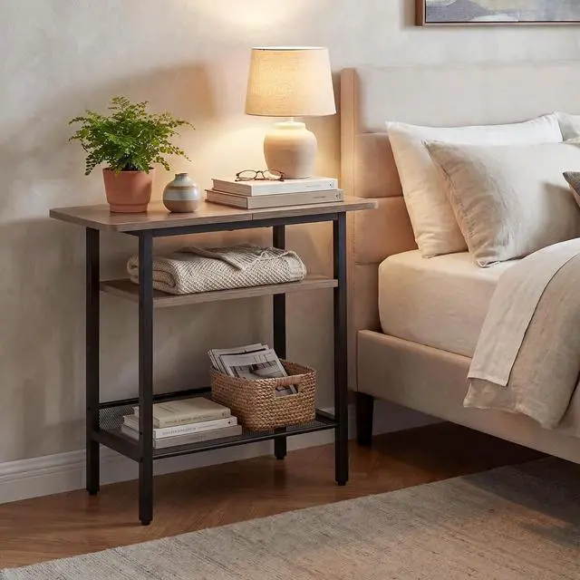 Alt view image 4 of 7 - Side Table, Narrow End Table with Shelf, with Wide Storage Tabletop, 3-Tier Bedside Tables for Small Spaces for Living Room, Bedroom, Study, Greige and Black BG366BZ01