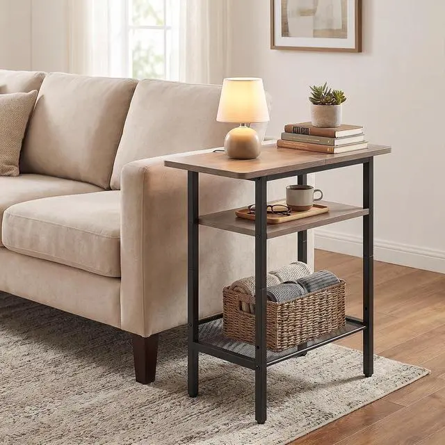 Alt view image 5 of 7 - Side Table, Narrow End Table with Shelf, with Wide Storage Tabletop, 3-Tier Bedside Tables for Small Spaces for Living Room, Bedroom, Study, Greige and Black BG366BZ01