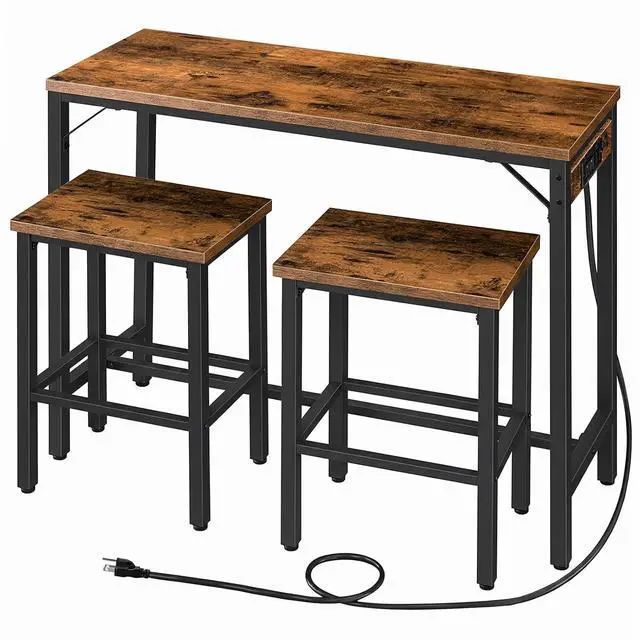 Main image of Bar Table and Chairs Set, 47.2" Dining Table Set with Power Outlet, 3-Piece Pub Table Set, Kitchen Bar Height Table with Stools of 2, Space Saving for Living Room, Rustic Brown BF46UBT01