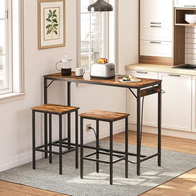 Alt view image 2 of 7 - Bar Table and Chairs Set, 47.2" Dining Table Set with Power Outlet, 3-Piece Pub Table Set, Kitchen Bar Height Table with Stools of 2, Space Saving for Living Room, Rustic Brown BF46UBT01