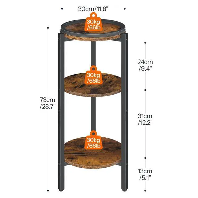 Alt view image 3 of 7 - Small Round Side Table, 3-Tier Tall Coffee Drink Table for Sofa Couch, 28.7" H Slim Nightstand, Circle Accent End Table for Living Room, Corner, Bedroom, Rustic Brown BF182BZ01