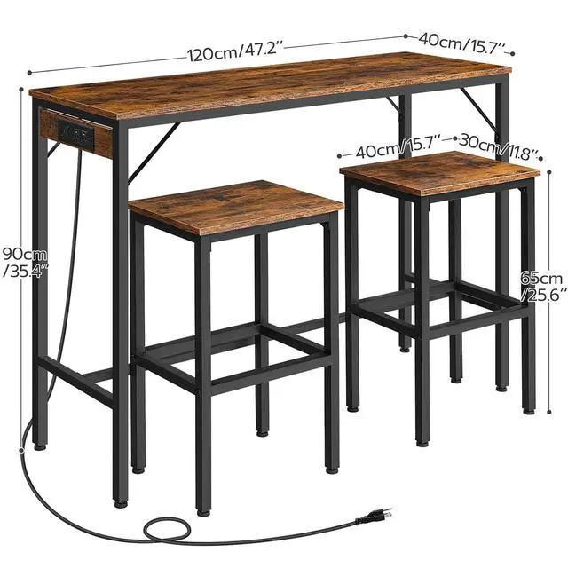 Alt view image 3 of 7 - Bar Table and Chairs Set, 47.2" Dining Table Set with Power Outlet, 3-Piece Pub Table Set, Kitchen Bar Height Table with Stools of 2, Space Saving for Living Room, Rustic Brown BF46UBT01