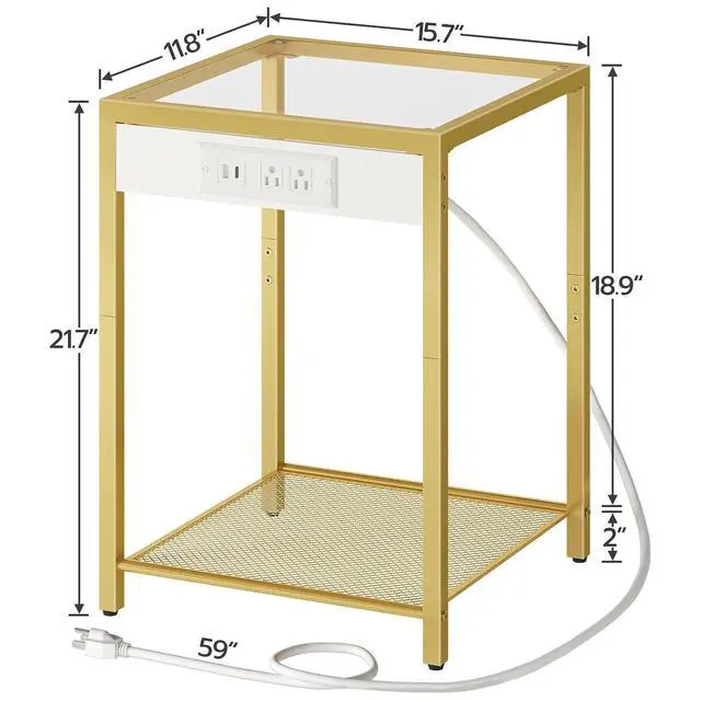 Alt view image 3 of 7 - Side Table with Charging Station, Set of 2 End Tables with USB Port, Nightstand for Tight Spaces, Tempered Glass, Modern Metal Frame, for Office, Bedroom, Living Room, Gold GD76UBZP201