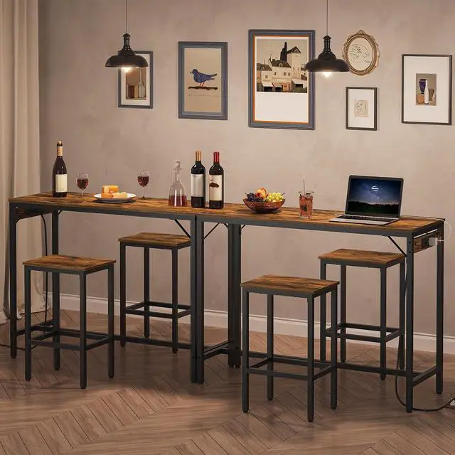Alt view image 5 of 7 - Bar Table and Chairs Set, 47.2" Dining Table Set with Power Outlet, 3-Piece Pub Table Set, Kitchen Bar Height Table with Stools of 2, Space Saving for Living Room, Rustic Brown BF46UBT01