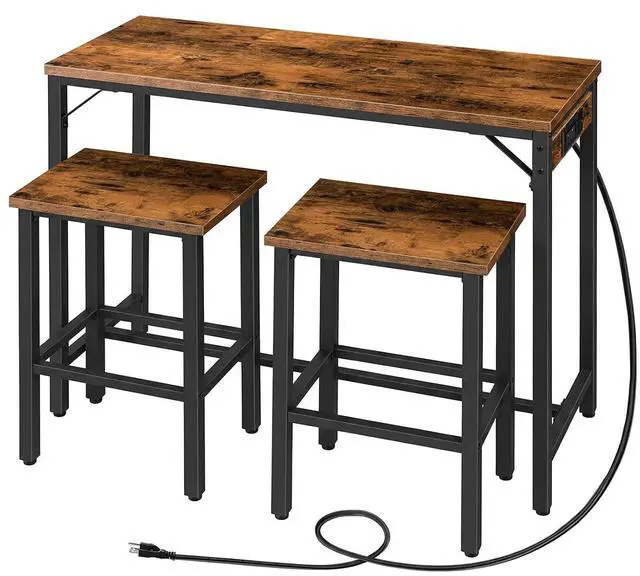 Main image of Bar Table and Chairs Set, 39.4" Dining Table Set with Power Outlet, 3-Piece Pub Table Set, Kitchen Bar Height Table with Stools of 2, Space Saving for Living Room, Rustic Brown BF45UBT01