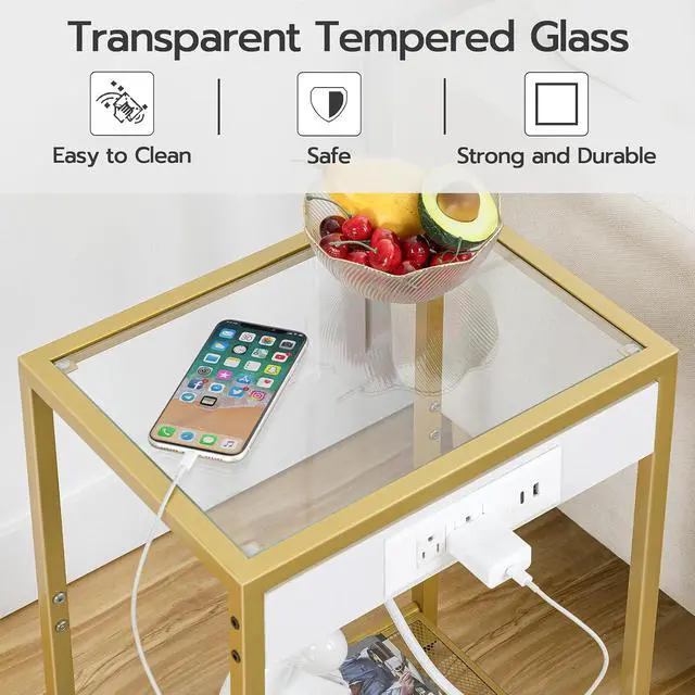 Alt view image 6 of 7 - Side Table with Charging Station, Set of 2 End Tables with USB Port, Nightstand for Tight Spaces, Tempered Glass, Modern Metal Frame, for Office, Bedroom, Living Room, Gold GD76UBZP201