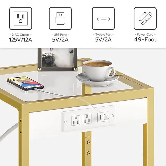 Alt view image 5 of 7 - Side Table with Charging Station, Set of 2 End Tables with USB Port, Nightstand for Tight Spaces, Tempered Glass, Modern Metal Frame, for Office, Bedroom, Living Room, Gold GD76UBZP201