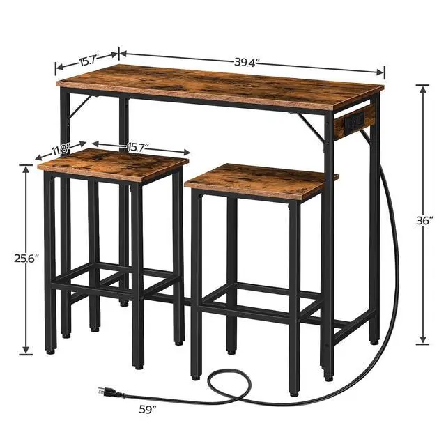 Alt view image 3 of 7 - Bar Table and Chairs Set, 39.4" Dining Table Set with Power Outlet, 3-Piece Pub Table Set, Kitchen Bar Height Table with Stools of 2, Space Saving for Living Room, Rustic Brown BF45UBT01