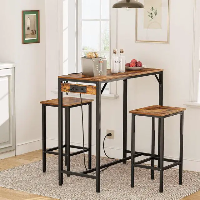 Alt view image 2 of 7 - Bar Table and Chairs Set, 39.4" Dining Table Set with Power Outlet, 3-Piece Pub Table Set, Kitchen Bar Height Table with Stools of 2, Space Saving for Living Room, Rustic Brown BF45UBT01