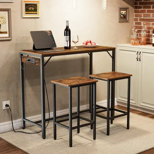 Alt view image 4 of 7 - Bar Table and Chairs Set, 39.4" Dining Table Set with Power Outlet, 3-Piece Pub Table Set, Kitchen Bar Height Table with Stools of 2, Space Saving for Living Room, Rustic Brown BF45UBT01