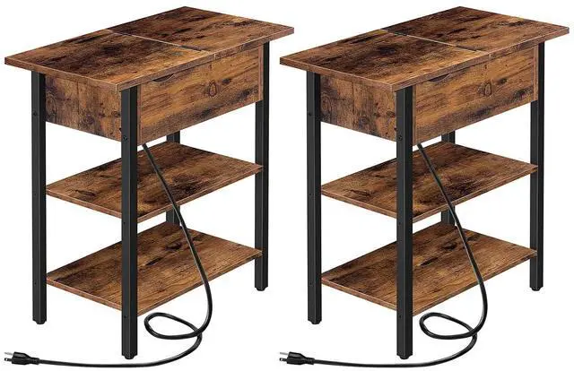 Main image of Set of 2 End Tables, Side Table with Charging Station, Flip Top Nightstand with USB Ports and Outlets, Bedside Tables with Shelf for Small Spaces, Living Room, Bedroom, Rustic Brown BF341BZP201