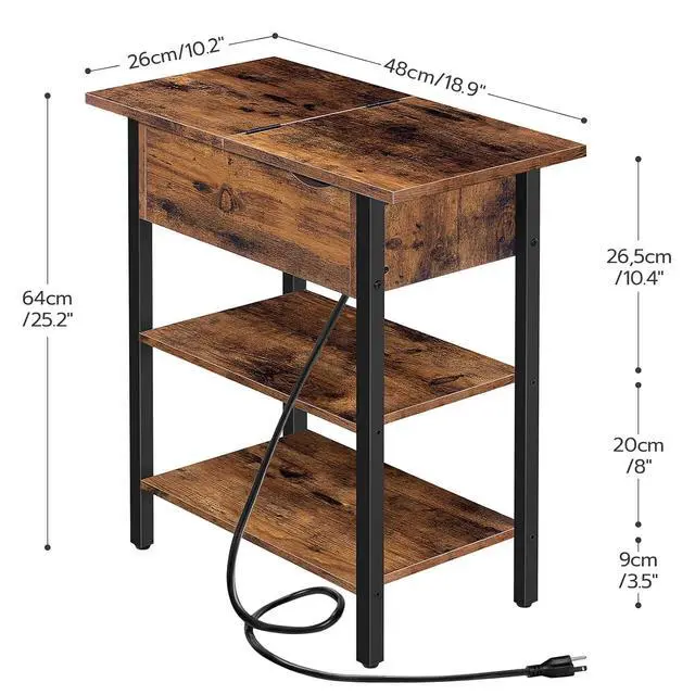 Alt view image 3 of 7 - Set of 2 End Tables, Side Table with Charging Station, Flip Top Nightstand with USB Ports and Outlets, Bedside Tables with Shelf for Small Spaces, Living Room, Bedroom, Rustic Brown BF341BZP201