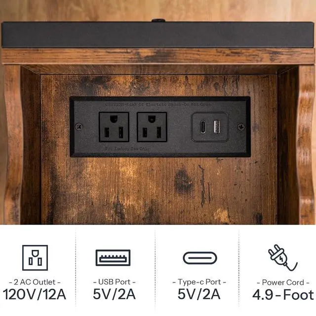 Alt view image 6 of 7 - End Table with Charging Station, Narrow Side Table, Flip Top Nightstand with USB Ports and Outlets, Bedside Tables with Shelf for Small Spaces, Living Room, Rustic Brown BF341BZ01