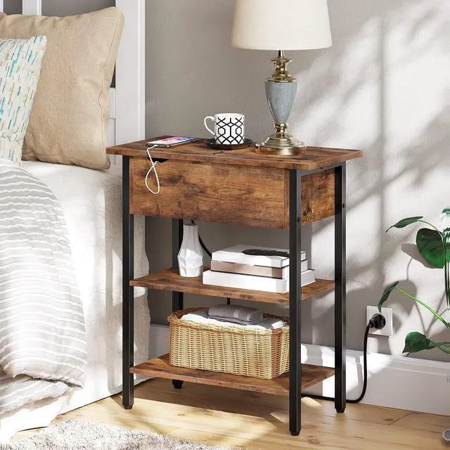 Alt view image 4 of 7 - Set of 2 End Tables, Side Table with Charging Station, Flip Top Nightstand with USB Ports and Outlets, Bedside Tables with Shelf for Small Spaces, Living Room, Bedroom, Rustic Brown BF341BZP201
