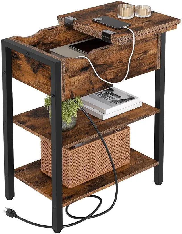 Main image of End Table with Charging Station, Narrow Side Table, Flip Top Nightstand with USB Ports and Outlets, Bedside Tables with Shelf for Small Spaces, Living Room, Rustic Brown BF341BZ01