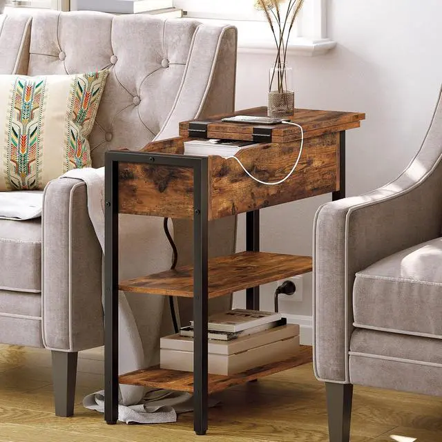 Alt view image 7 of 7 - Set of 2 End Tables, Side Table with Charging Station, Flip Top Nightstand with USB Ports and Outlets, Bedside Tables with Shelf for Small Spaces, Living Room, Bedroom, Rustic Brown BF341BZP201