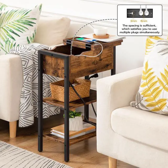 Alt view image 4 of 7 - End Table with Charging Station, Narrow Side Table, Flip Top Nightstand with USB Ports and Outlets, Bedside Tables with Shelf for Small Spaces, Living Room, Rustic Brown BF341BZ01