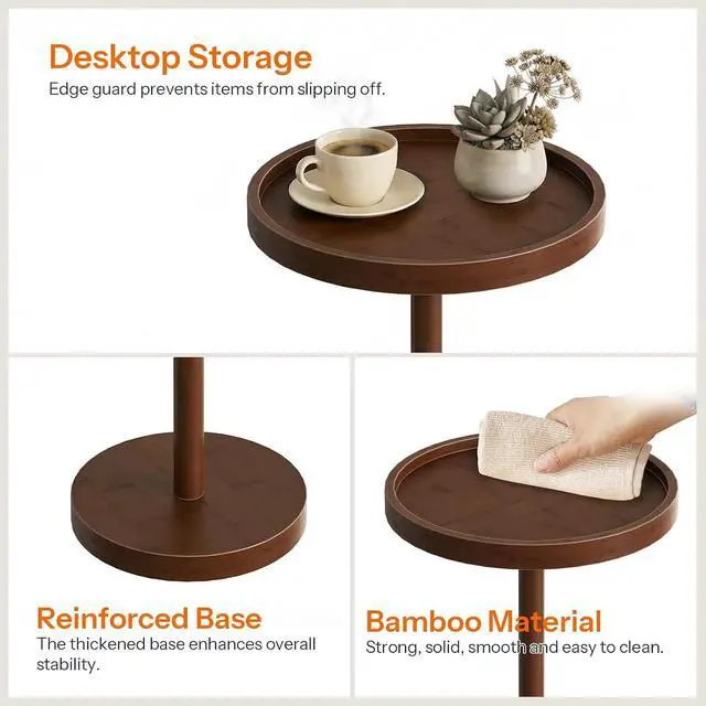 Alt view image 6 of 7 - Small Round Side Table, Bamboo Drink Table, Coffee Martini Table with Pedestal Accent for Small Spaces in Living Room, Bedroom, Sofa Couch, Mocha MA235BZ01
