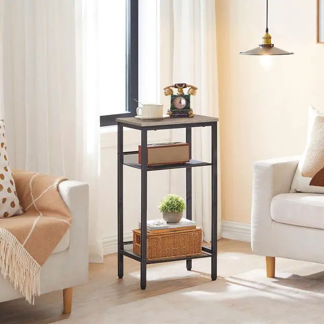 Alt view image 4 of 7 - Tall Side Table, 3-Tier Telephone End Table with Adjustable Mesh Shelves, Small Entryway Table with Storage, Small Nightstand for Living Room, Bedroom, Hallway, Office, Greige BG01DH01G1
