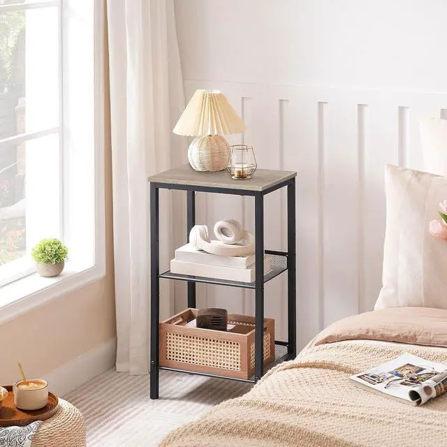 Alt view image 5 of 7 - Tall Side Table, 3-Tier Telephone End Table with Adjustable Mesh Shelves, Small Entryway Table with Storage, Small Nightstand for Living Room, Bedroom, Hallway, Office, Greige BG01DH01G1