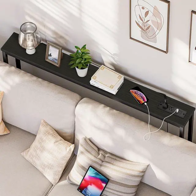 Alt view image 6 of 7 - 47.2" Narrow Console Table with Power Outlet, 5.9" Behind Couch Table with Charging Station, Long Sofa Side Table, Skinny Entryway Table for Living Room, Hallway, Foyer, Black BB15XG01G1