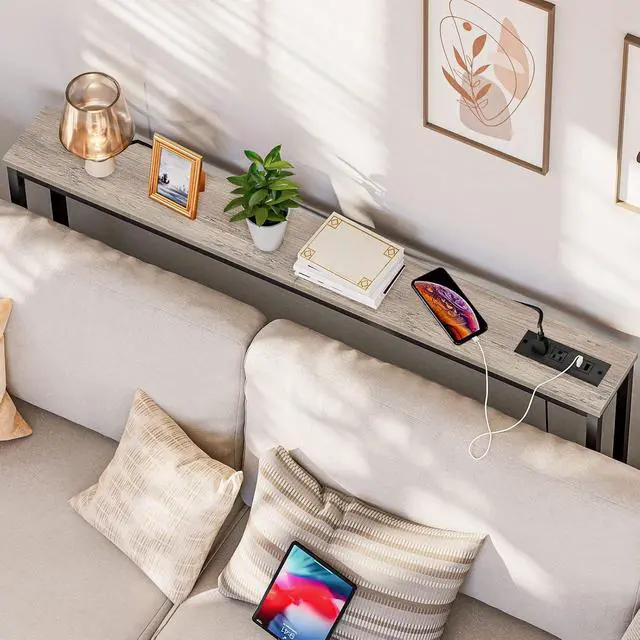 Alt view image 4 of 7 - 2 Pack 47.2" Narrow Console Table with Power Outlets, 5.9" Behind Couch Table with Charging Station, Extra Long Sofa Table, Skinny Entryway Table for Living Room, Hallway, Greige BG15XGP201G1