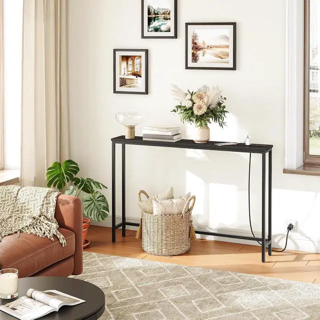 Alt view image 7 of 7 - 47.2" Narrow Console Table with Power Outlet, 5.9" Behind Couch Table with Charging Station, Long Sofa Side Table, Skinny Entryway Table for Living Room, Hallway, Foyer, Black BB15XG01G1