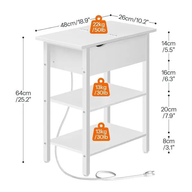 Alt view image 3 of 7 - End Table with Charging Station, Narrow Side Table, Flip Top Nightstand with USB Ports and Outlets, Bedside Tables with Shelf for Small Spaces, Living Room, White WT341BZ01