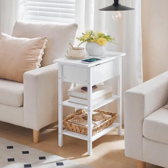 Alt view image 2 of 7 - End Table with Charging Station, Narrow Side Table, Flip Top Nightstand with USB Ports and Outlets, Bedside Tables with Shelf for Small Spaces, Living Room, White WT341BZ01