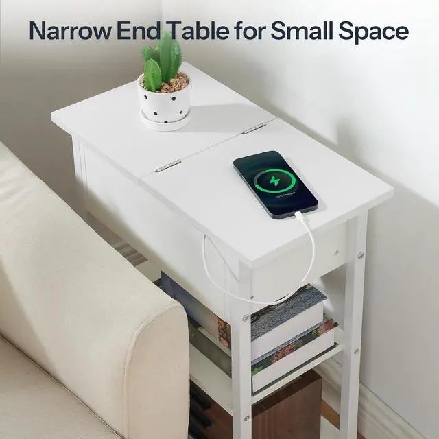 Alt view image 4 of 7 - End Table with Charging Station, Narrow Side Table, Flip Top Nightstand with USB Ports and Outlets, Bedside Tables with Shelf for Small Spaces, Living Room, White WT341BZ01