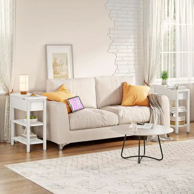 Alt view image 5 of 7 - End Table with Charging Station, Narrow Side Table, Flip Top Nightstand with USB Ports and Outlets, Bedside Tables with Shelf for Small Spaces, Living Room, White WT341BZ01