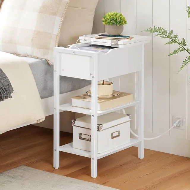 Alt view image 6 of 7 - End Table with Charging Station, Narrow Side Table, Flip Top Nightstand with USB Ports and Outlets, Bedside Tables with Shelf for Small Spaces, Living Room, White WT341BZ01