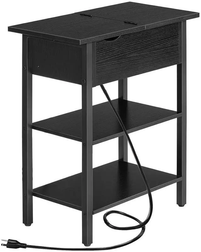 Main image of Side Table, Flip End Table with Charging Station and Shelves, USB Ports & Power Outlets, Narrow Nightstand for Small Spaces, Stable and Sturdy, for Living Room, Black BK341BZ01