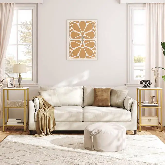 Alt view image 2 of 7 - Tall Side Table, 3-Tier Telephone End Table with Adjustable Mesh Shelves, Small Entryway Table with Storage, Small Nightstand for Living Room, Bedroom, Hallway, White and Gold DW01DH01G1